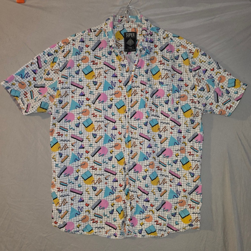 Super Massive Button Down XL Mens White Geometric Memphis Print SS Shirt